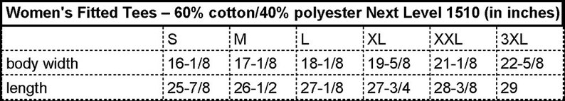 K&ouml;nnte beinhalten: Gr&ouml;&szlig;entabelle f&uuml;r Damen-Fitted-T-Shirts aus 60 % Baumwolle und 40 % Polyester. Die Tabelle zeigt die Ma&szlig;e in Zoll f&uuml;r die K&ouml;rperbreite und L&auml;nge f&uuml;r die Gr&ouml;&szlig;en S, M, L, XL, XXL und 3XL.