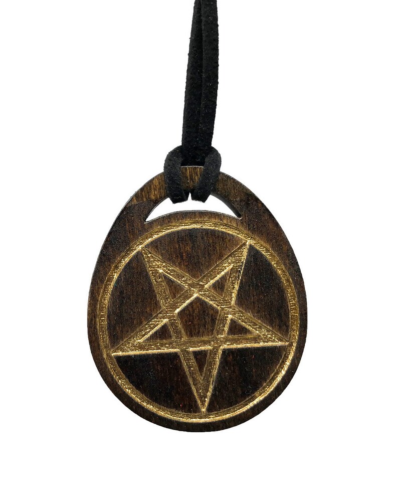 Witchy occult pagan Inverted Pentacle wood pendant talisman with color fill image 2