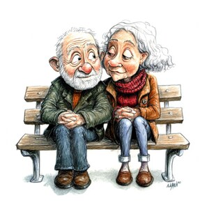 May include: An older couple sits on a wooden park bench, looking at each other. The man has a white beard and is wearing a green jacket and blue jeans. The woman has gray hair and is wearing a brown jacket, red scarf, and blue jeans.
