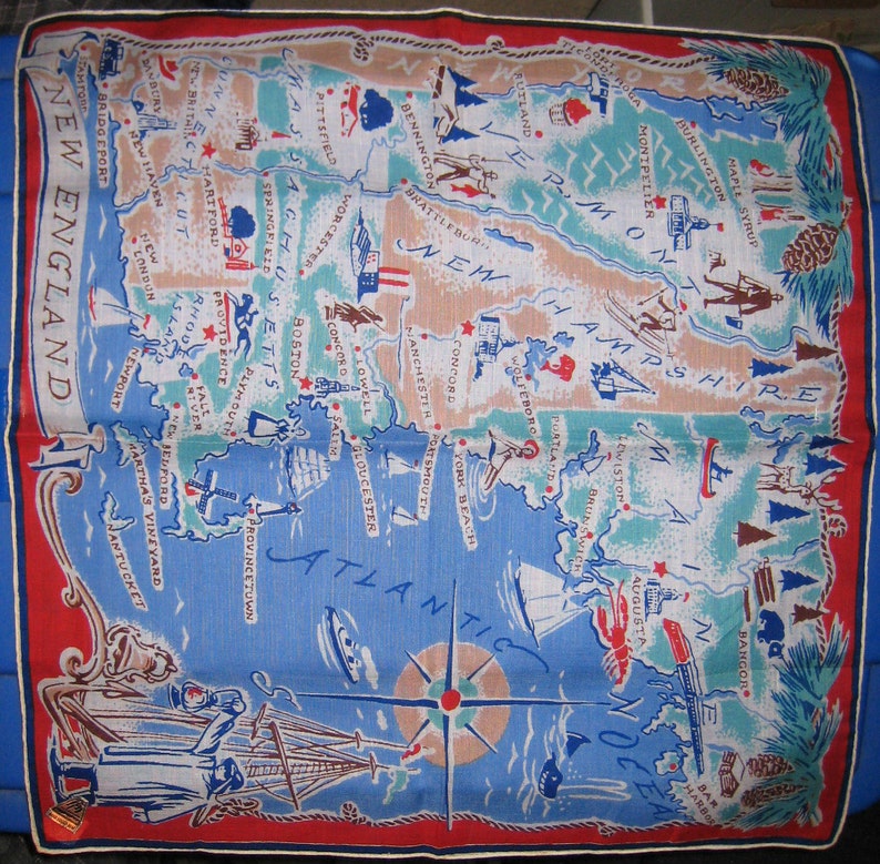 Vintage 1950s New England Souvenir Handkerchief-Herrmann Sticker Affixed