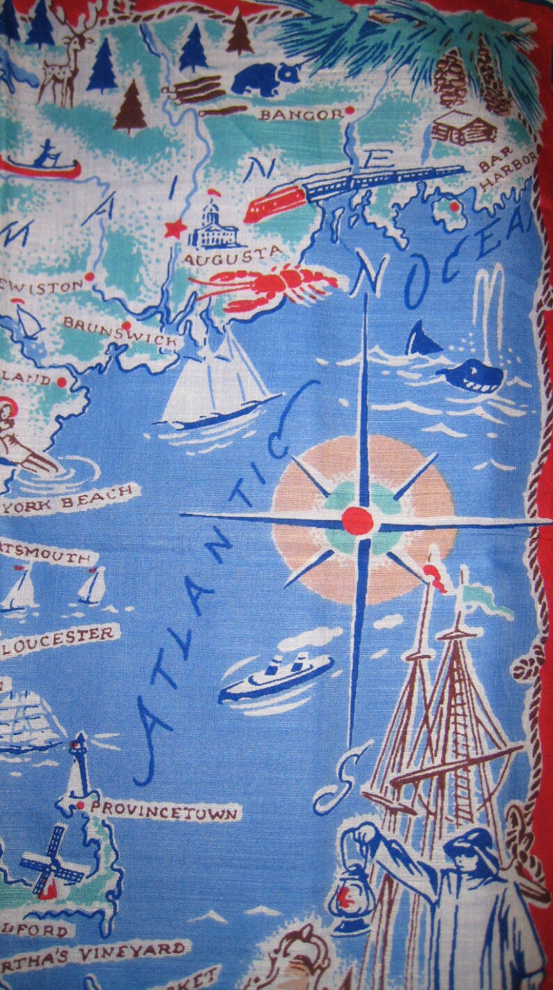 Vintage 1950s New England Souvenir Handkerchief-Herrmann Sticker Affixed
