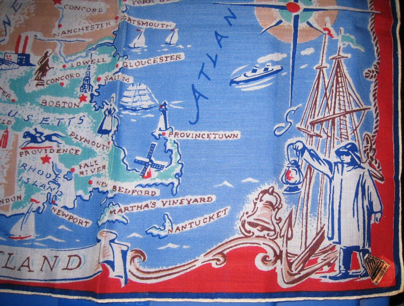 Vintage 1950s New England Souvenir Handkerchief-Herrmann Sticker Affixed