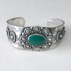 Fred Harvey Era Green Turquoise Southwestern Sterling Silver Vintage Cuff - Stacker Western Boho 925
