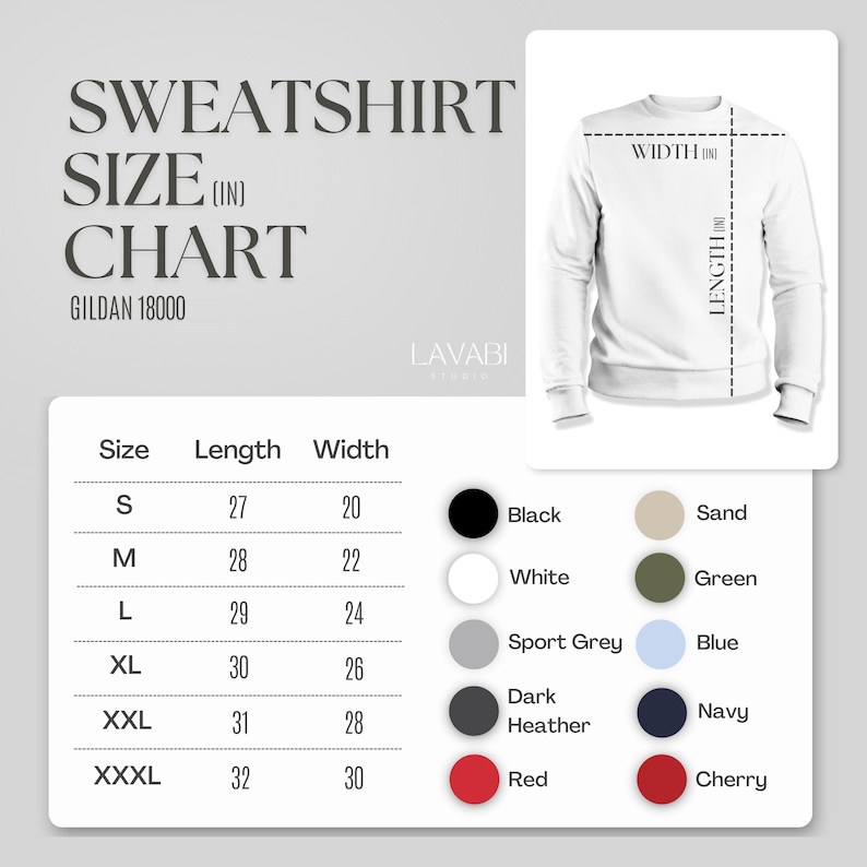 May include: A size chart for Gildan 18000 sweatshirts, showing measurements in inches for length and width. The chart includes sizes from S to XXXL and lists the corresponding length and width for each size. The chart also includes a color guide with 10 different color options.