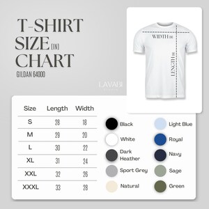 May include: T-shirt size chart for Gildan 64000 shirts, showing measurements in inches for length and width. The chart includes sizes S, M, L, XL, XXL, and XXXL.  The chart also shows a color swatch for each color option: Black, White, Dark Heather, Sport Grey, Natural, Light Blue, Royal, Navy, Sage, and Green.