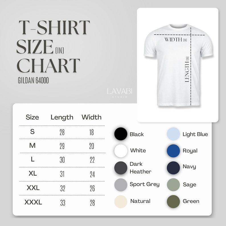 May include: T-shirt size chart for Gildan 64000 shirts, showing measurements in inches for length and width. The chart includes sizes S, M, L, XL, XXL, and XXXL.  The chart also shows a color swatch for each color option: Black, White, Dark Heather, Sport Grey, Natural, Light Blue, Royal, Navy, Sage, and Green.