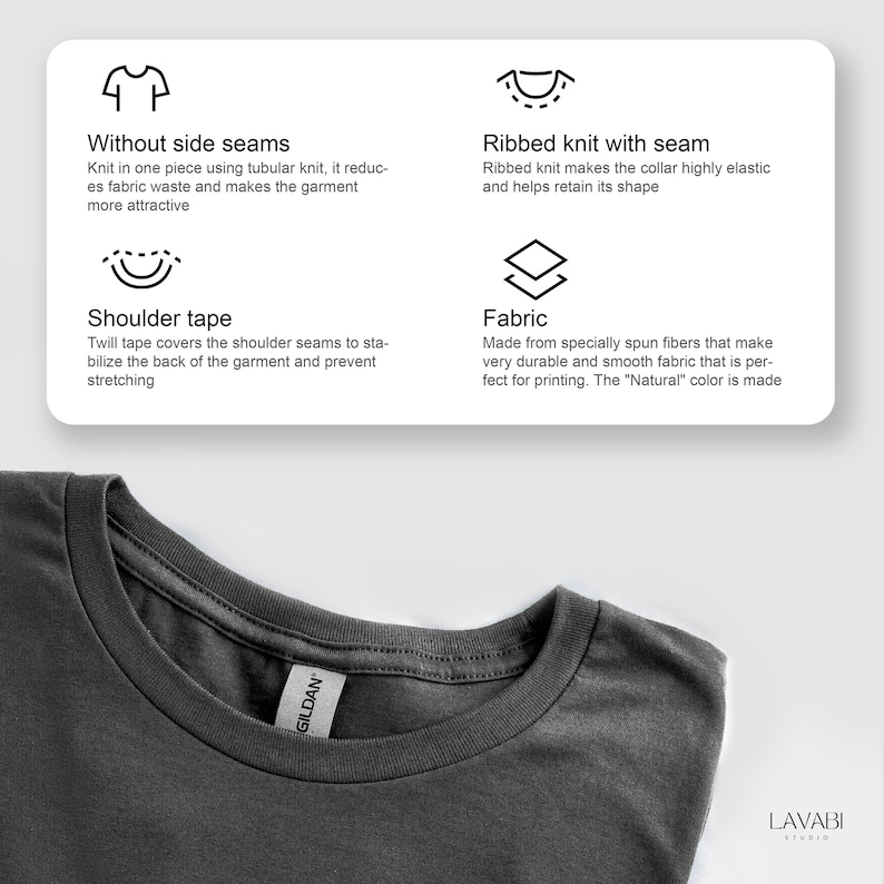 May include: A close-up of a dark grey t-shirt with a ribbed knit collar. The shirt has a "GILDAN" tag. The image includes text describing the shirt's features: without side seams, shoulder tape, and fabric made from specially spun fibres.