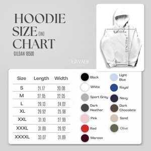May include: White hoodie size chart with measurements in inches. The chart includes sizes S to XXXXL, with corresponding lengths and widths. Colour options include black, white, sport grey, dark heather, pink, red, and maroon.