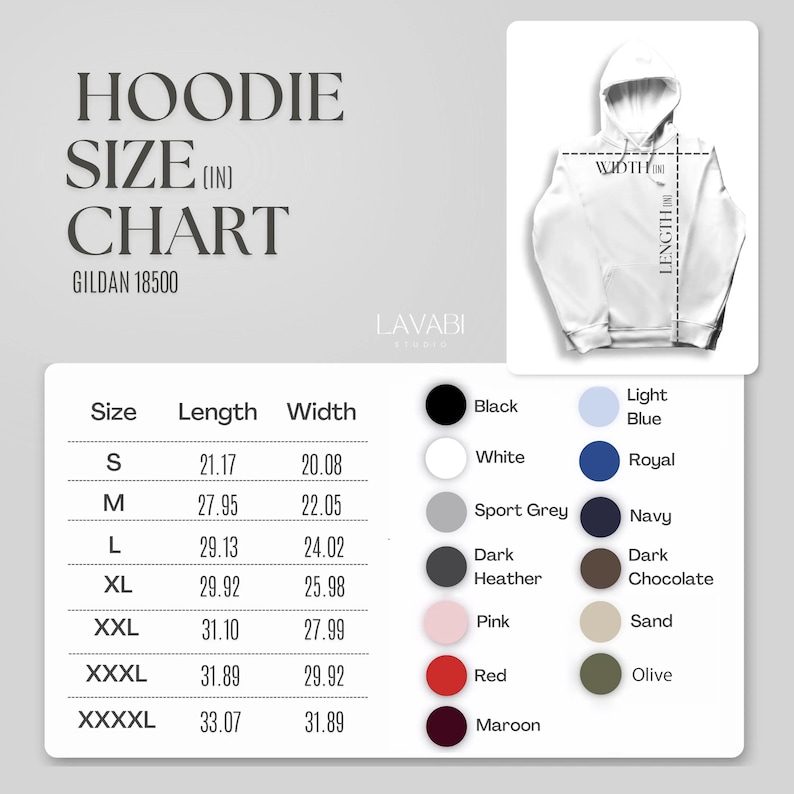 May include: White hoodie size chart with measurements in inches. The chart includes sizes S to XXXXL, with corresponding lengths and widths. Colour options include black, white, sport grey, dark heather, pink, red, and maroon.
