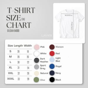May include: A white t-shirt size chart with measurements in inches. The chart includes sizes S to XXXL, with corresponding length and width dimensions. Colour swatches include pink, white, dark heather, sport grey, natural, olive, maroon, red, light blue, royal, navy, and black.