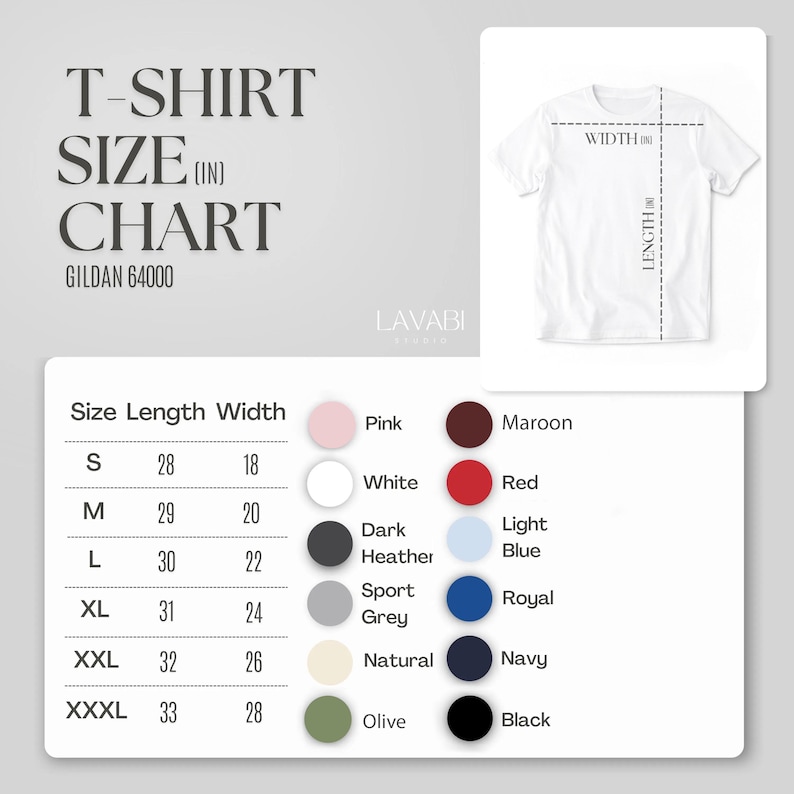 May include: A white t-shirt size chart with measurements in inches. The chart includes sizes S to XXXL, with corresponding length and width dimensions. Colour swatches include pink, white, dark heather, sport grey, natural, olive, maroon, red, light blue, royal, navy, and black.