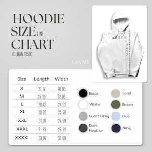 May include: Hoodie size chart in inches for Gildan 18500. The chart shows the length and width measurements for sizes S, M, L, XL, XXL, XXXL, and XXXXL. The chart also includes a color swatch for each size.