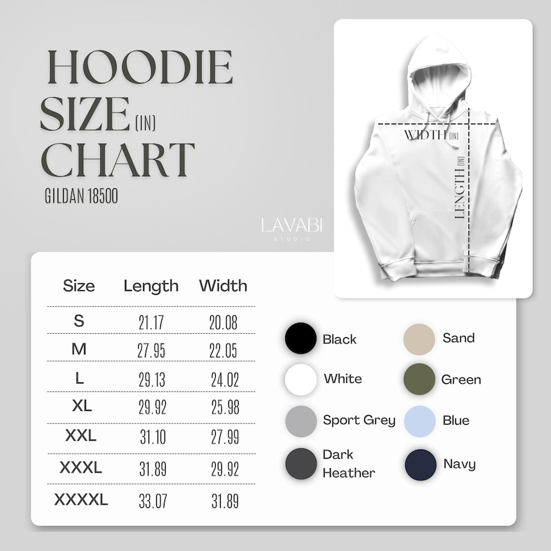 May include: Hoodie size chart in inches for Gildan 18500. The chart shows the length and width measurements for sizes S, M, L, XL, XXL, XXXL, and XXXXL. The chart also includes a color swatch for each size.