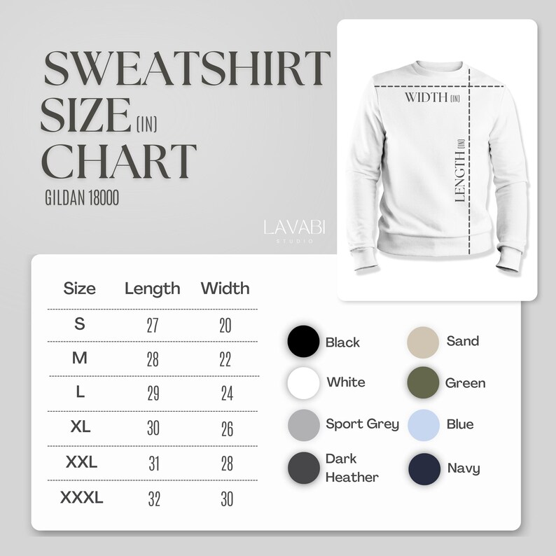 May include: A size chart for Gildan 18000 sweatshirts, showing measurements in inches for length and width. The chart includes sizes S, M, L, XL, XXL, and XXXL. The chart also shows the available colors: black, white, sport grey, dark heather, sand, green, blue, and navy.