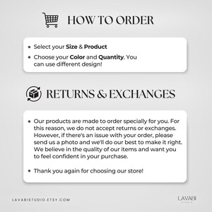 May include: A graphic with text detailing the order process and returns policy. It includes instructions on selecting size, colour, and quantity, and states that returns are not accepted. The store's website is shown.