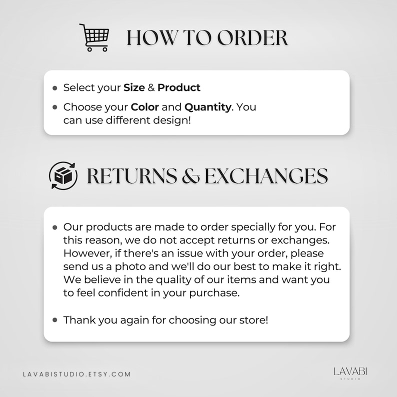 May include: A graphic with text detailing the order process and returns policy. It includes instructions on selecting size, colour, and quantity, and states that returns are not accepted. The store's website is shown.