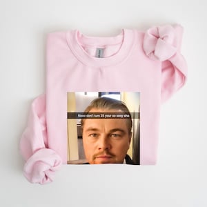 May include: Pink sweatshirt with a printed image of Leonardo DiCaprio with the text "Nooo don't turn 25 your so sexy aha"