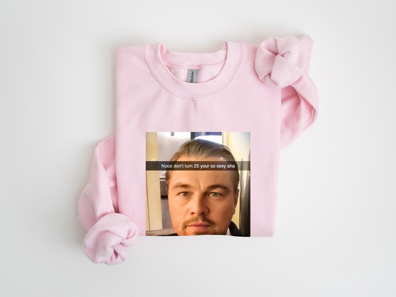 May include: Pink sweatshirt with a printed image of Leonardo DiCaprio with the text "Nooo don't turn 25 your so sexy aha"