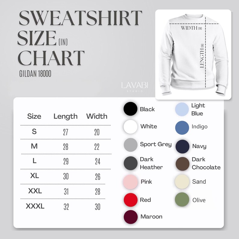 May include: A sweatshirt size chart with measurements in inches. The chart includes sizes S to XXXL, with corresponding lengths and widths. Colour options are listed, including black, white, and navy. The text "SWEATSHIRT SIZE (IN) CHART" is at the top.