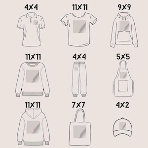 May include: Nine different blank apparel items with various sizes, including a polo shirt, t-shirt, hoodie, sweatshirt, sweatpants, apron, tote bag, and baseball cap. Each item has a square area for customization.