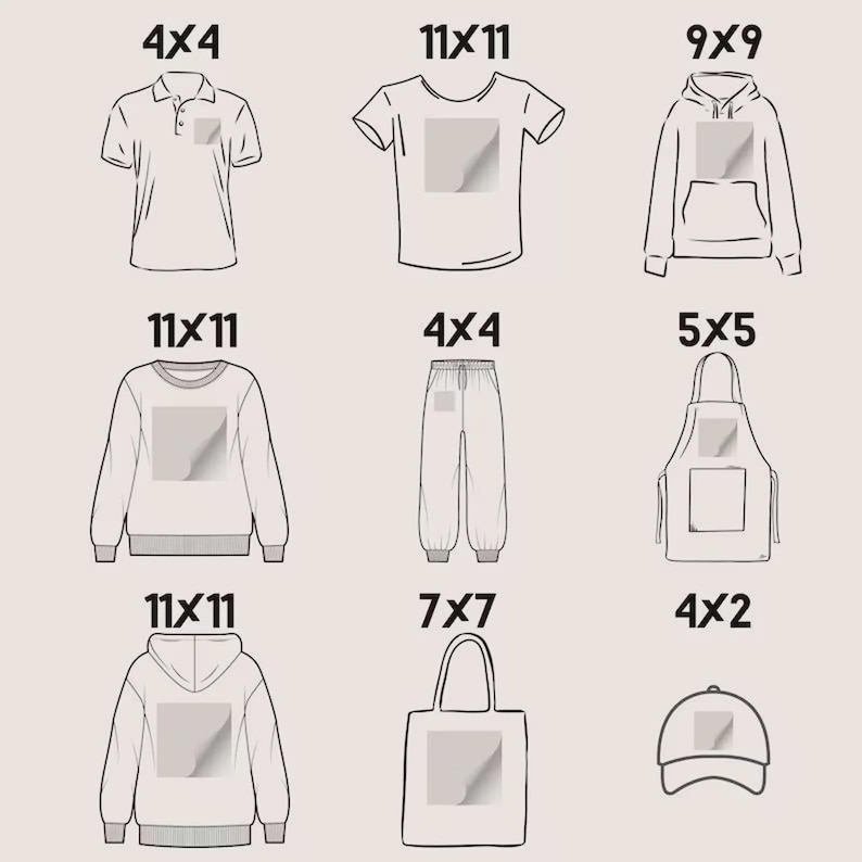 May include: Nine different blank apparel items with various sizes, including a polo shirt, t-shirt, hoodie, sweatshirt, sweatpants, apron, tote bag, and baseball cap. Each item has a square area for customization.
