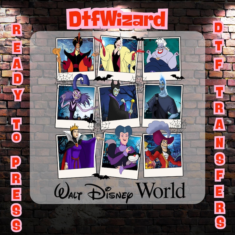 K&ouml;nnte beinhalten: Eine Collage von neun Disney-B&ouml;sewicht-Charakterbildern in Polaroid-Rahmen, vor einem Hintergrund aus Backstein. Die Texte "DtFwizard" und "Ready to Press Transfers" sind sichtbar. Der Schriftzug "Walt Disney World" ist ebenfalls vorhanden.