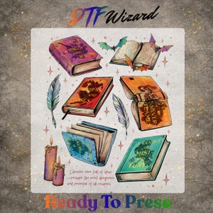 May include: A collection of fantasy-themed book illustrations, including titles like "A Court of Wings and Ruin" and "Thorns and Roses." The design features open and closed books, feathers, bats, and candles. The text "Ready To Press" is at the bottom.