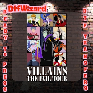 May include: A collage of Disney villains, including Maleficent, Ursula, Cruella de Vil, and Captain Hook. The image is titled "Villains The Evil Tour".