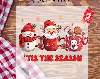 Tis The Season Dtf Transfer, Family Matching Heat Transfer, Hot Cocoa Christmas Tree Shirt, Santa Christmas Ready To Press Dtf Gang Sheet