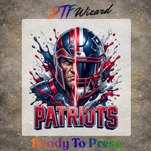 May include: A digital graphic of a football helmet and a man's face, split vertically. The helmet is red, white, and blue, with the word "PATRIOTS" in red below. The image is framed by blue and red paint splashes.