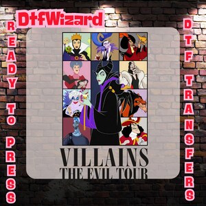 May include: A colorful collage of Disney villains, including Maleficent, Ursula, Cruella de Vil, and Captain Hook. The text "VILLAINS THE EVIL TOUR" is printed below the collage.