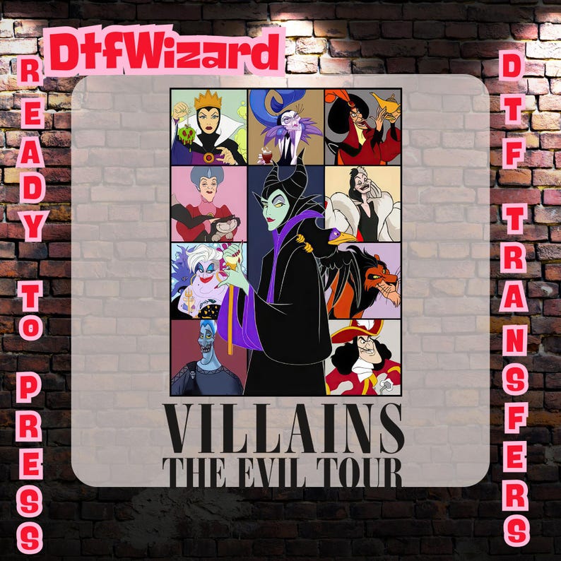 May include: A colorful collage of Disney villains, including Maleficent, Ursula, Cruella de Vil, and Captain Hook. The text "VILLAINS THE EVIL TOUR" is printed below the collage.