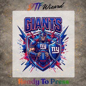 May include: A graphic featuring the word "GIANTS" in blue and red, with a Roman soldier holding a football and shield. The shield displays "ny" in white. The image is surrounded by blue and red lightning bolts. The text "Ready To Press" is at the bottom.
