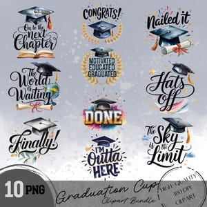Afstudeerpet clipartbundel, afstudeercitaat png, senior 2025, aquarel afstudeerhoed, diploma png, afstuderen digitale download