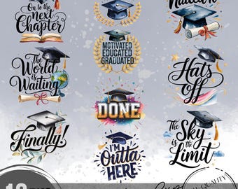 Graduation Cap Clipart Bundle, Graduation Quote PNG, Senior 2025, Watercolor Graduation Hat, Diploma PNG, Graduation Digital Download