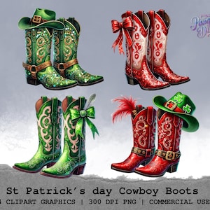 以下が含まれることがあります： デジタルイラスト。緑と赤のカウボーイブーツが4足。聖パトリックの日のテーマ。ブーツは装飾的な模様、リボン、帽子が特徴です。下部のテキストは「St Patrick's day Cowboy Boots」と書かれています。