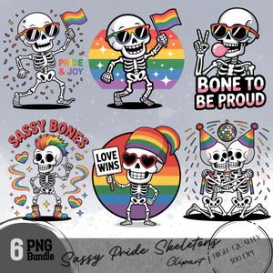 Freches Skelett Clipart Bundle | Lustiger LGBTQ Regenbogen PNG | Knochen, um stolz zu sein | Liebe gewinnt Kunst | Gay Sublimation für Aufkleber und Shirts