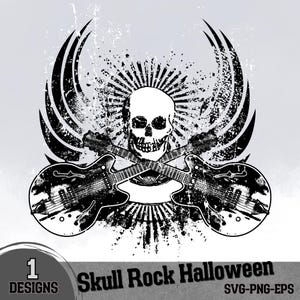 Skull Rock Halloween SVG PNG EPS | Grunge Guitar with Wings Clipart | Gothic Skull Sublimation for Shirt, Poster, Tattoo, and Vinyl