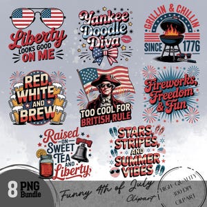 Pacote de clipart engraçado para o 4 de julho | PNG de sublimação patriótica | Fogos de artifício com clima de verão no estilo Liberty BBQ | Imagens do Dia da Independência dos EUA