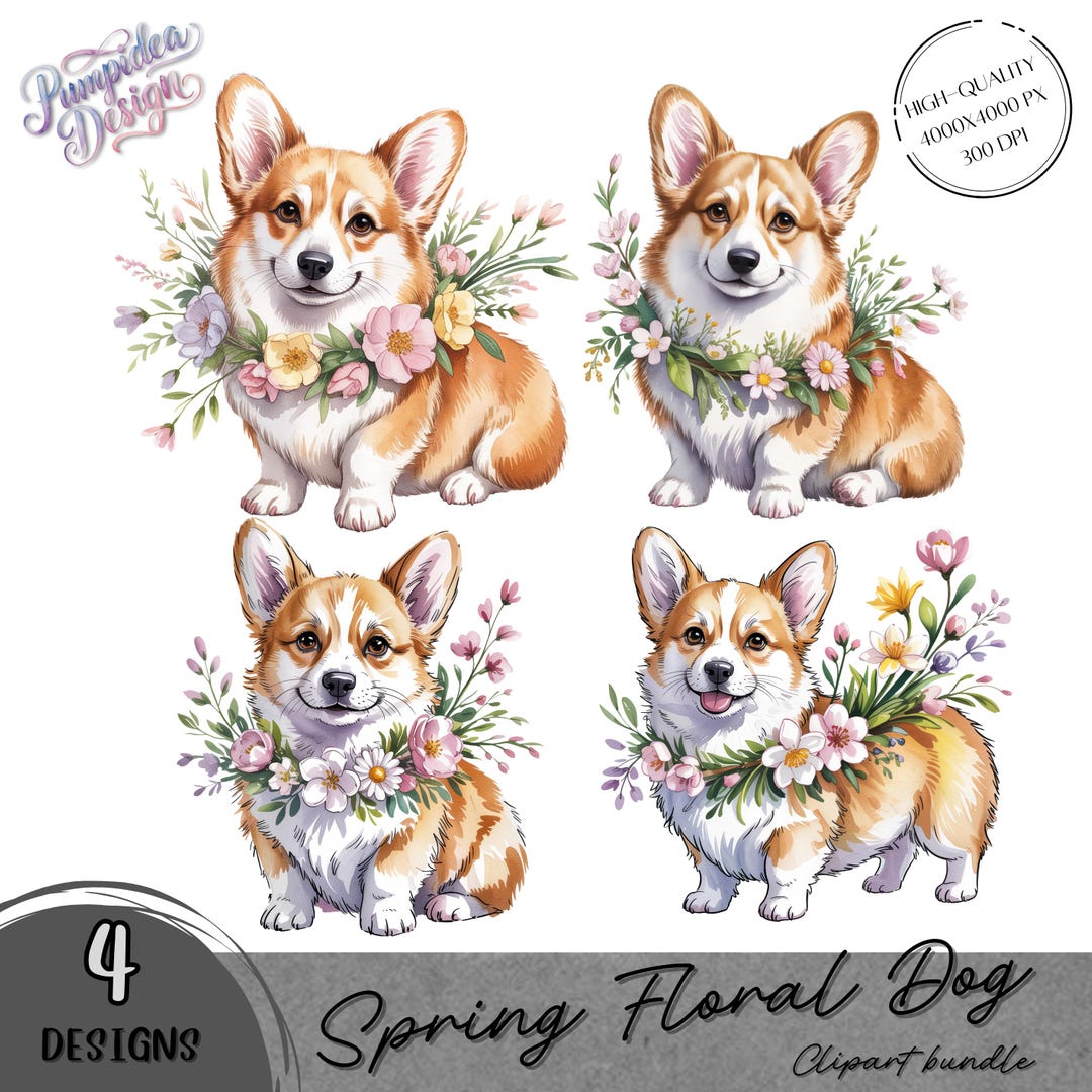 Watercolor Corgi Dog Clipart, Spring Floral PNG Bundle - Etsy