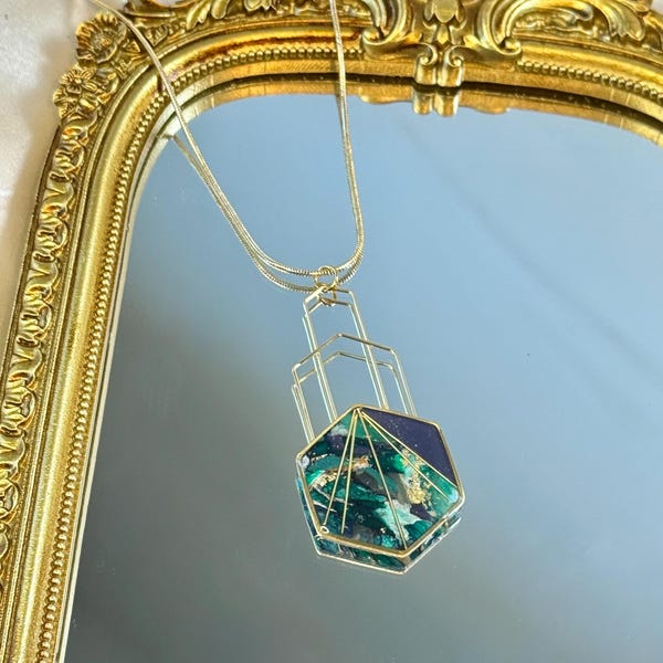 Emerald Art Deco Skyline Pendant Necklace Hexagon