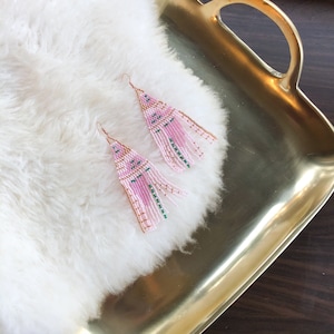 Pink abstract woven seed bead earrings