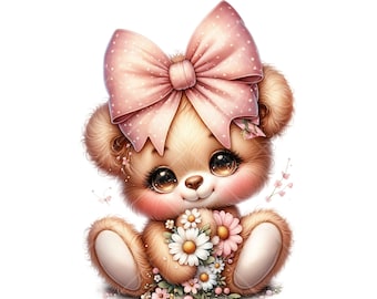 Babybeer Clip Art-bundel: roze strikken en madeliefjes, kinderkamerdecoratie (digitale png-download)