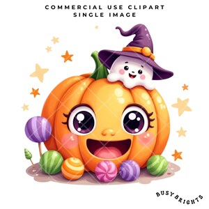 Halloween Ghost and Pumpkin Clipart – Cute Witch Hat Ghost with Candy and Stars – Digital Download for Stickers, Invitations and Crafts