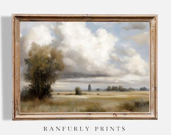 May include: A framed landscape painting featuring a field under a cloudy sky. The artwork has a vintage aesthetic with a gold-toned frame. The text "RANFURLY PRINTS" is printed at the bottom of the image.