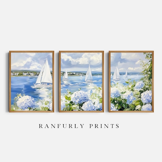 Sailboat Hydrangea Triptych: Coastal Nautical Art Prints (Digital Download)