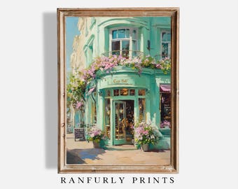 Green Cafe Print – Floral European Street Scene, Parisian Decor (Digital Download)