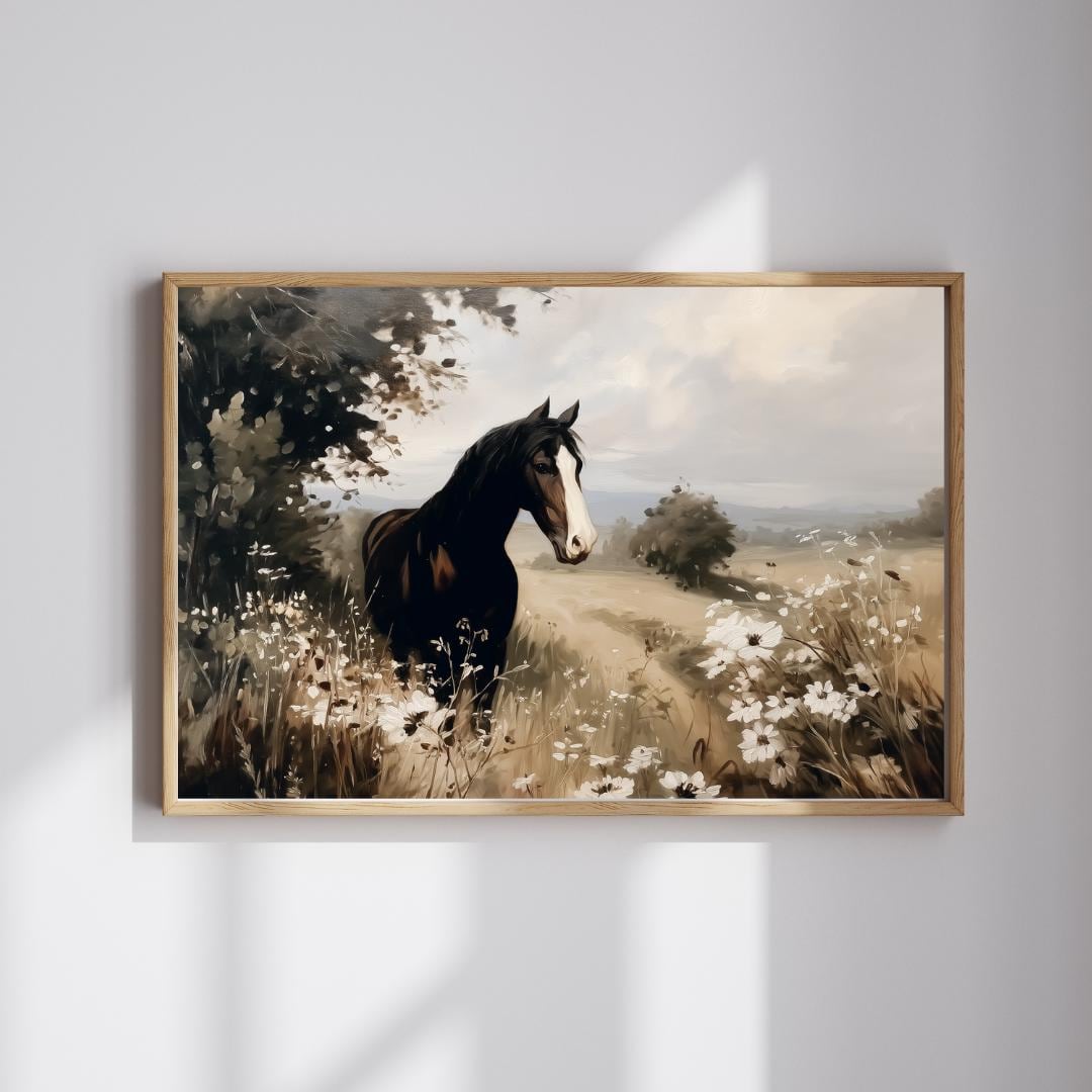 野花畑の馬のプリント：ヴィンテージの素朴な乗馬ウォールアート