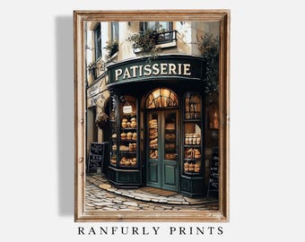 Französische Patisserie Digital Download Kunstdruck Druckbare Bäckerei Gebäck Kuchen Shopfront Neutral Muted Herunterladbar