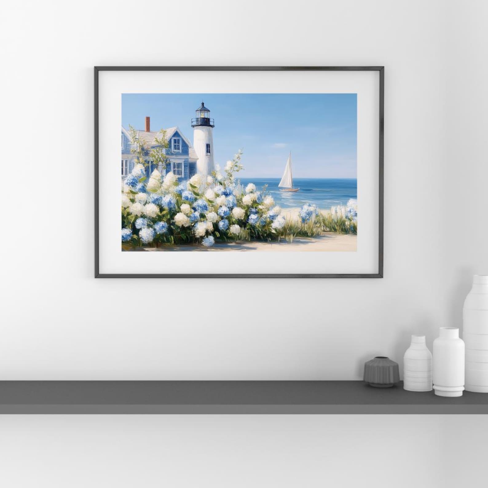Coastal Lighthouse and Hydrangeas Art Print – Nautical Blue Beach ...